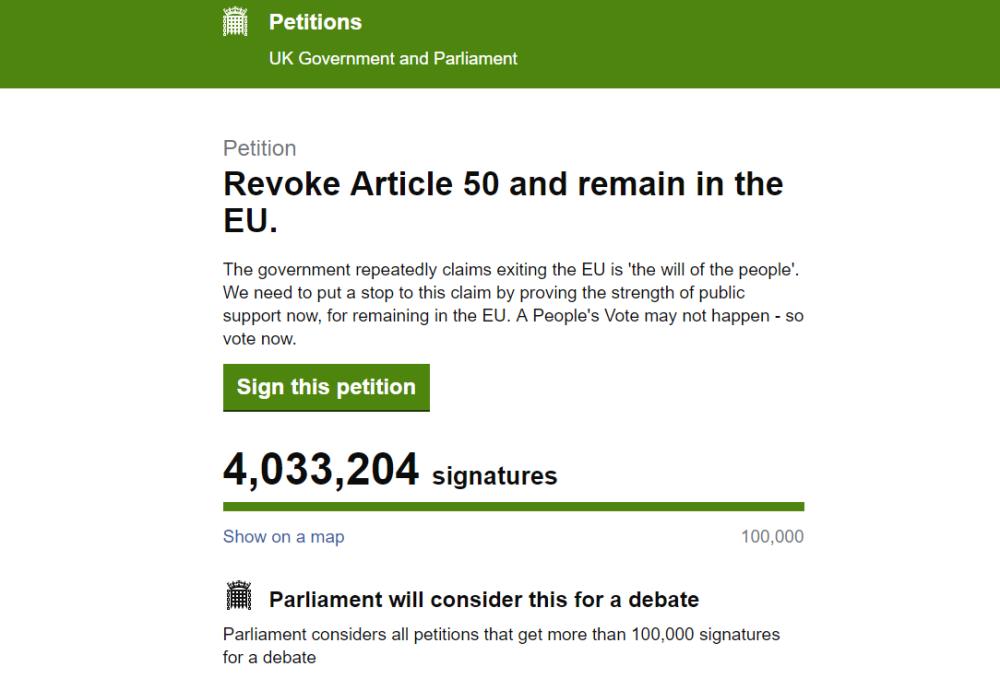 Ponad 4 mln podpisów pod petycją o odwołanie brexitu