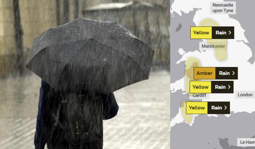 UWAGA: Met Office wydało bursztynowe i żółte ostrzeżenia przed deszczem w Anglii i Walii