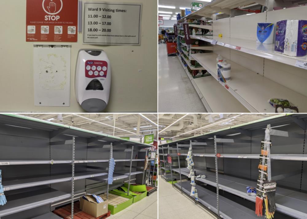 Puste półki w supermarketach. Ludzie zrywają środki do higieny rąk ze ścian w szpitalach