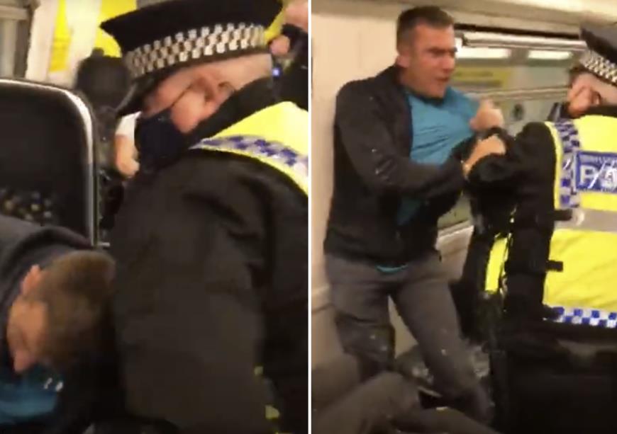 Szokujące wideo! Policjant szarpie i spryskuje gazem pasażera pociągu, który nie chciał założyć maski