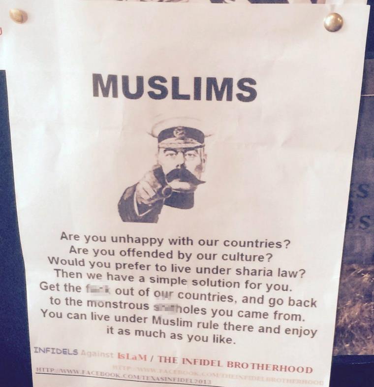 Antymuzułmański plakat na tablicy ogłoszeń w pubie w Middlesex