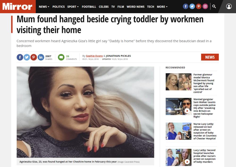 Polka znaleziona powieszona obok płaczącej 3-letniej córki