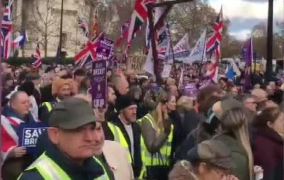 Protesty przed brytyjskim parlamentem. T. May ogłosiła przełożenie głosowania ws. brexitu