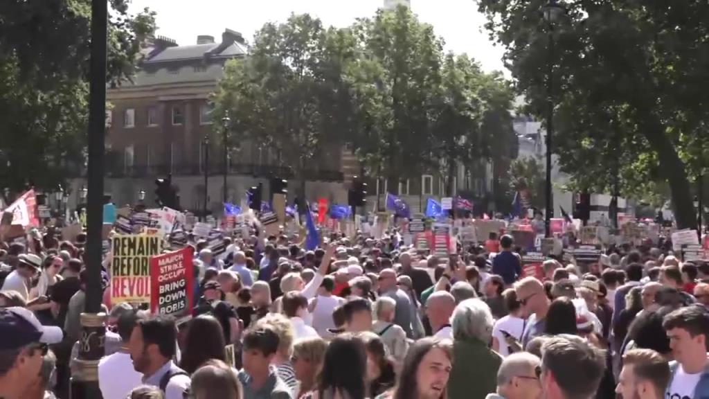 Protest przeciwko B. Johnsonowi w Londynie. Demonstranci sprzeciwiają się zawieszeniu prac parlamentu