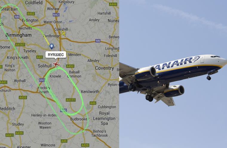 Samolot Ryanair krążył nad Birmingham 35 min, po czym wrócił na lotnisko